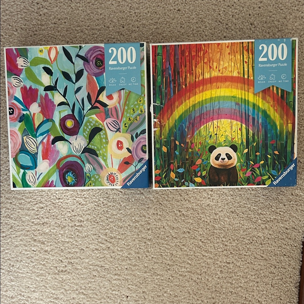 Ravensburger Vibrant Floral and Rainbow Panda Puzzle Set.  200 pieces each